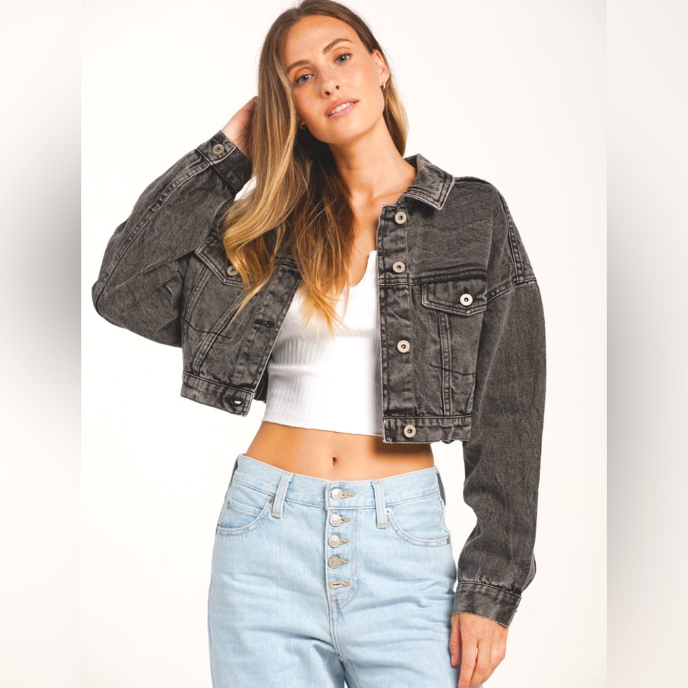 HIGHWAY JEANS WASHED CROP DENIM JACKET – CHARCOAL GREY / BLACK SIZE LARGE
